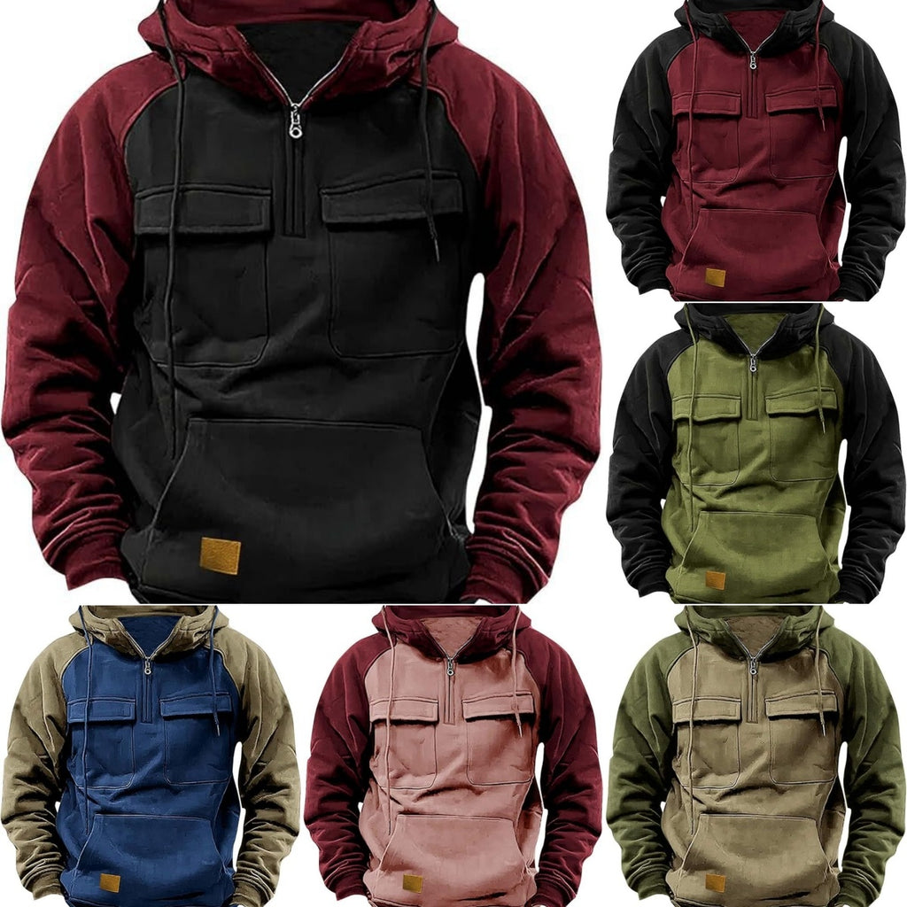 Napxon fall Winter Retro Cargo Hoodies Men's Half Zipper Solid Warm Fleece Sweatshirts