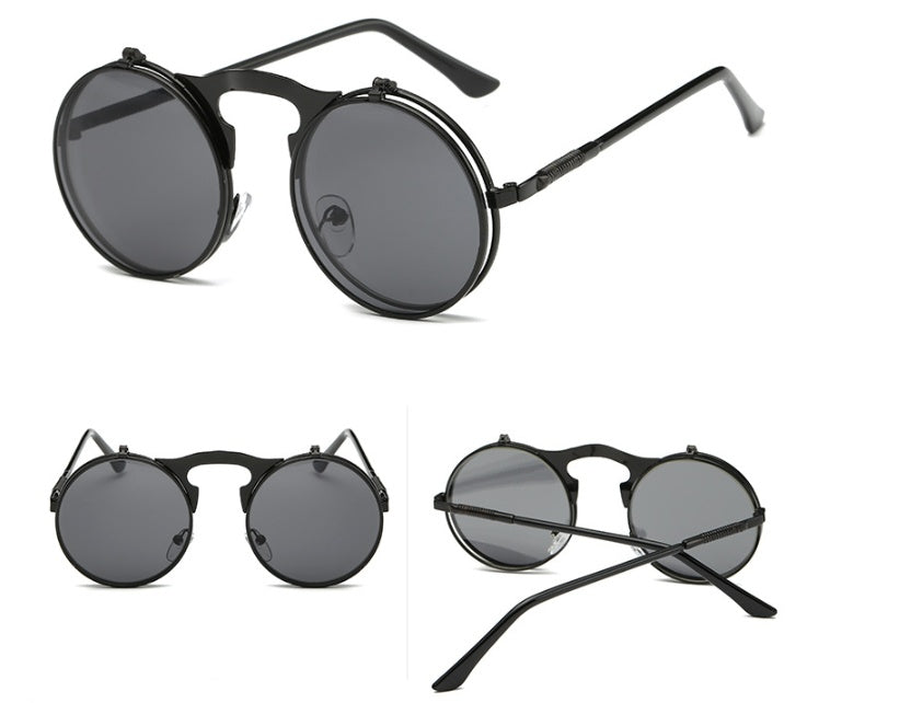 Napxon new Vintage Round Steampunk Sunglasses Flip-Up UV Protection Metal Frame Men
