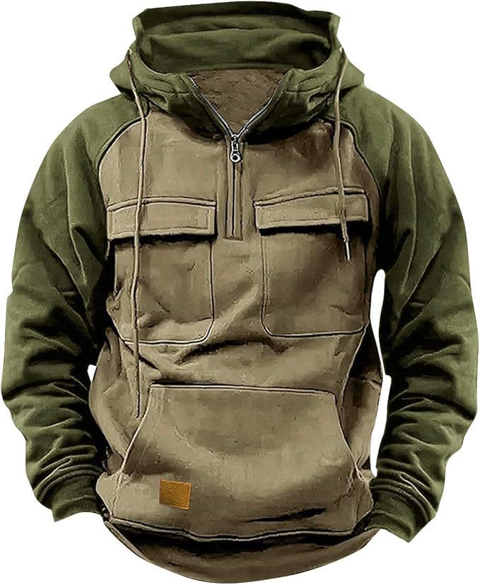 Napxon fall Winter Retro Cargo Hoodies Men's Half Zipper Solid Warm Fleece Sweatshirts