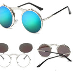 Napxon new Vintage Round Steampunk Sunglasses Flip-Up UV Protection Metal Frame Men