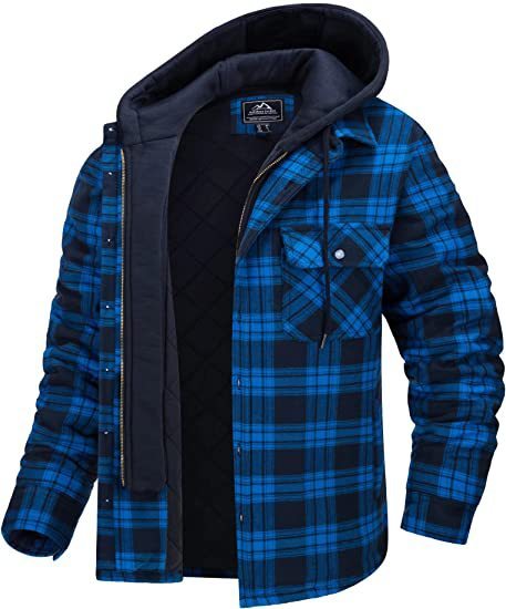 Napxon men's Plaid Hooded Coat Winter Warm Button Zip-up Jacket Fashion Casual