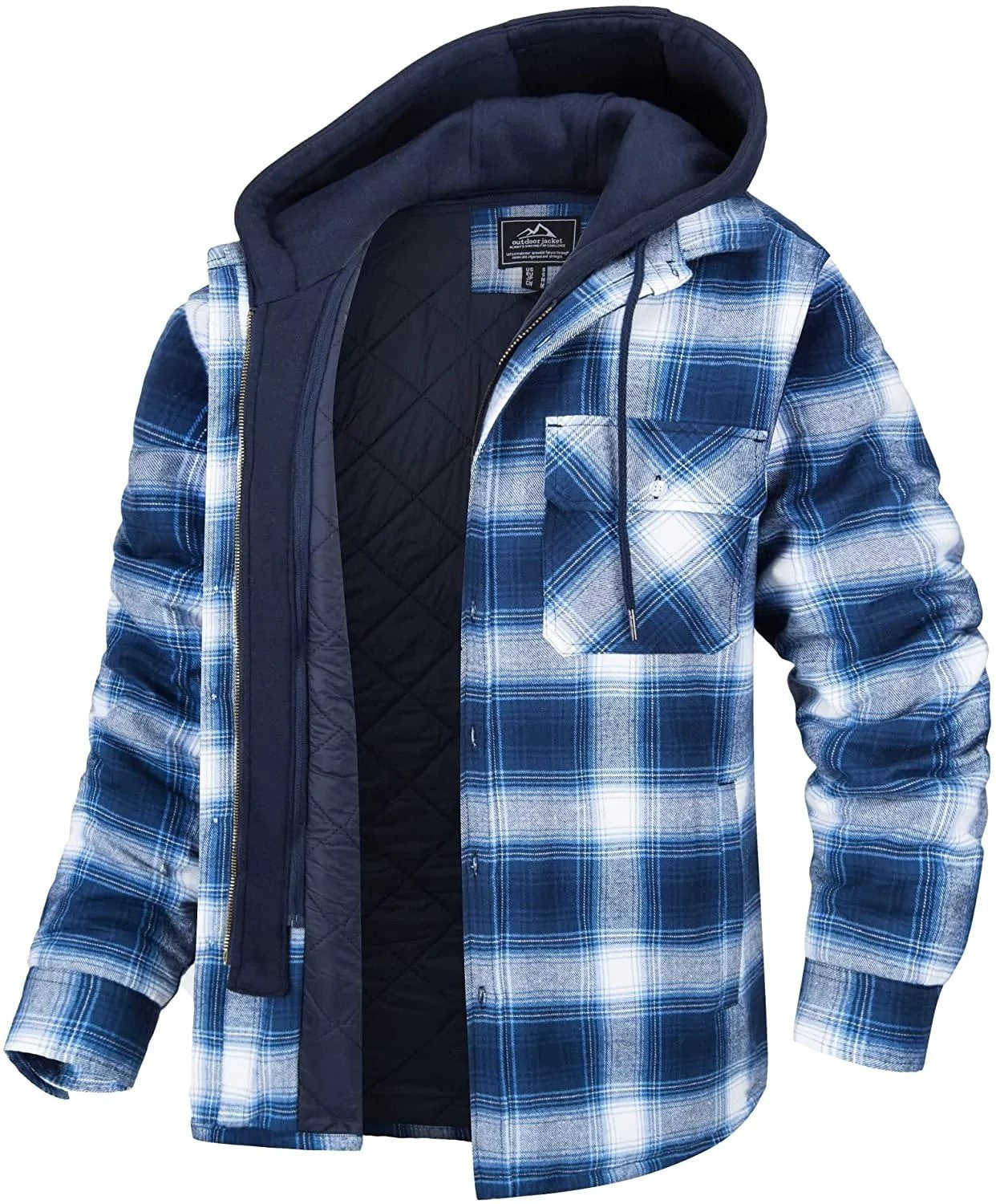 Napxon men's Plaid Hooded Coat Winter Warm Button Zip-up Jacket Fashion Casual