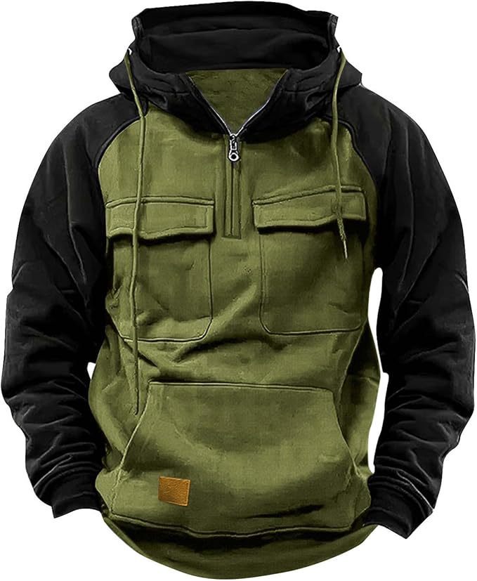 Napxon fall Winter Retro Cargo Hoodies Men's Half Zipper Solid Warm Fleece Sweatshirts