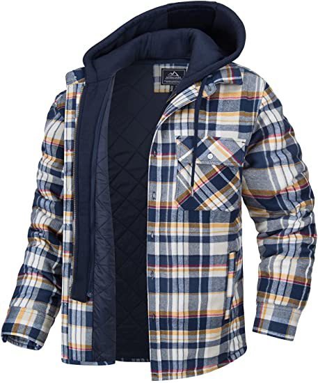 Napxon men's Plaid Hooded Coat Winter Warm Button Zip-up Jacket Fashion Casual