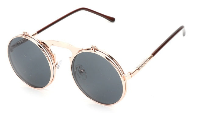 Napxon new Vintage Round Steampunk Sunglasses Flip-Up UV Protection Metal Frame Men