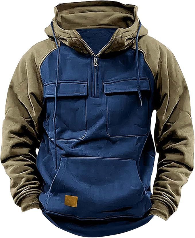 Napxon fall Winter Retro Cargo Hoodies Men's Half Zipper Solid Warm Fleece Sweatshirts