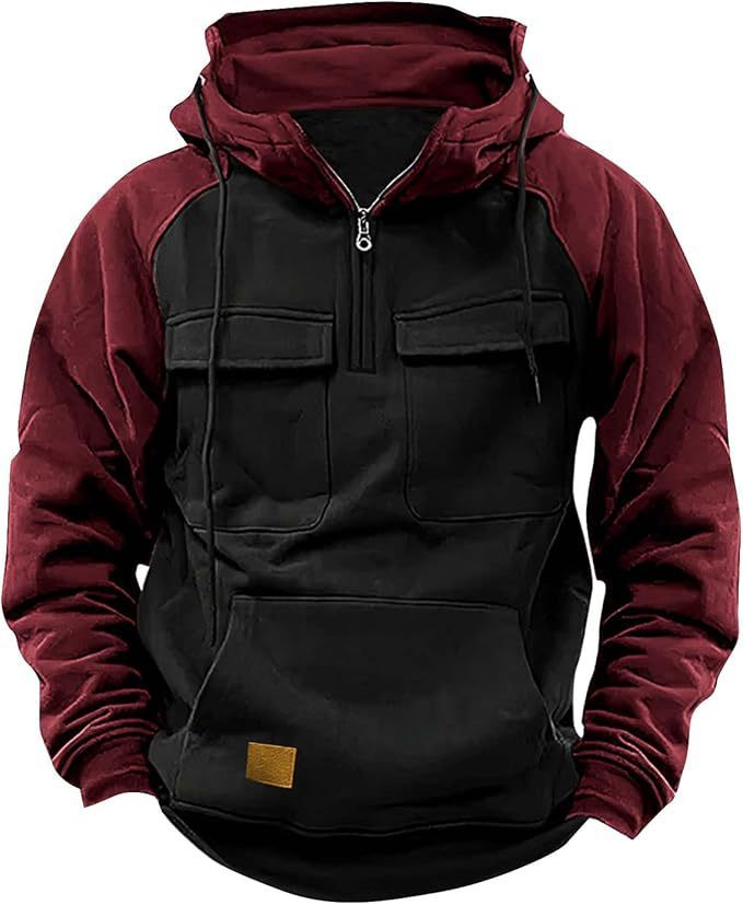 Napxon fall Winter Retro Cargo Hoodies Men's Half Zipper Solid Warm Fleece Sweatshirts