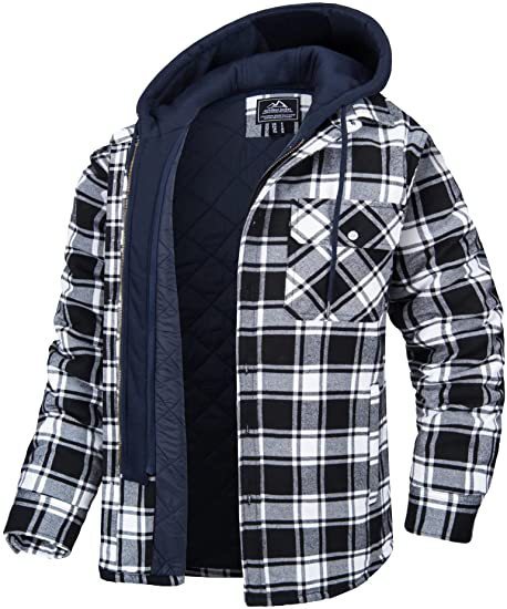 Napxon men's Plaid Hooded Coat Winter Warm Button Zip-up Jacket Fashion Casual