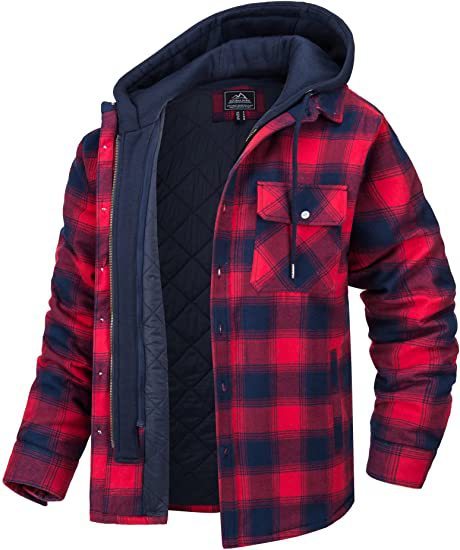 Napxon men's Plaid Hooded Coat Winter Warm Button Zip-up Jacket Fashion Casual