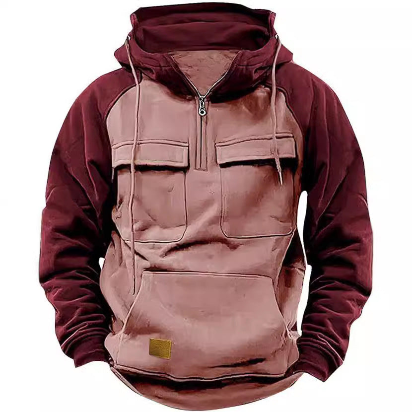 Napxon fall Winter Retro Cargo Hoodies Men's Half Zipper Solid Warm Fleece Sweatshirts