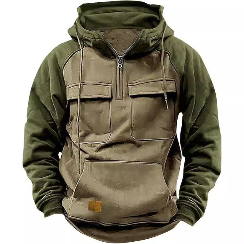 Napxon fall Winter Retro Cargo Hoodies Men's Half Zipper Solid Warm Fleece Sweatshirts