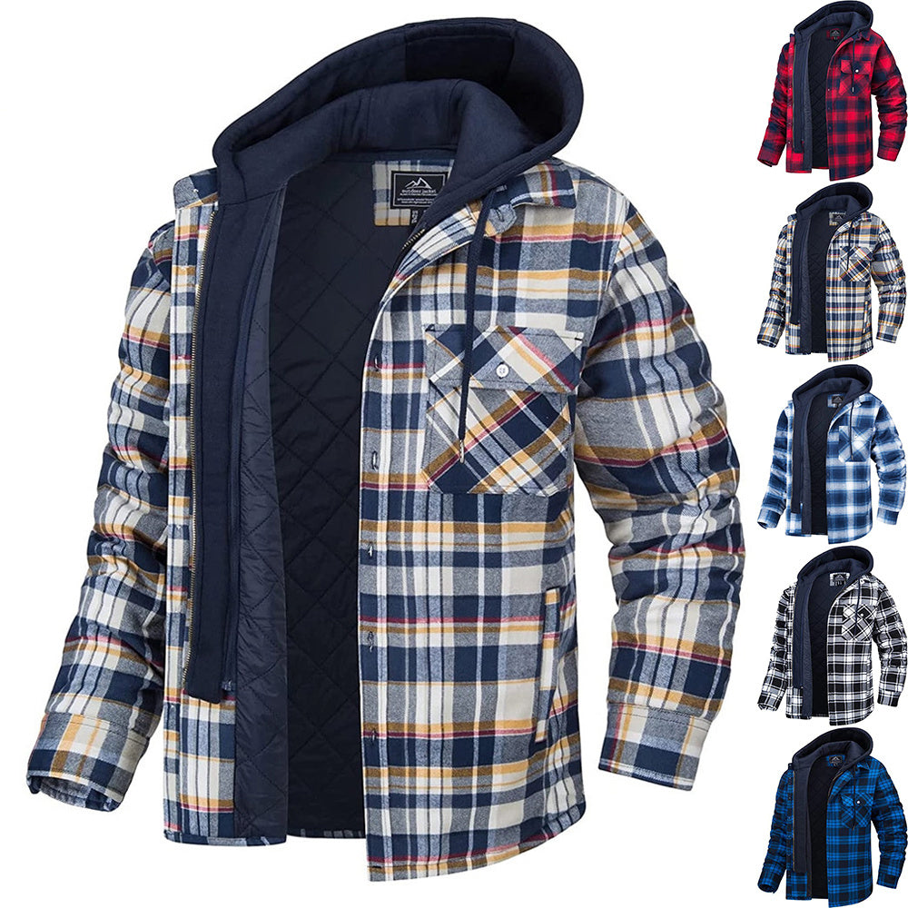 Napxon men's Plaid Hooded Coat Winter Warm Button Zip-up Jacket Fashion Casual