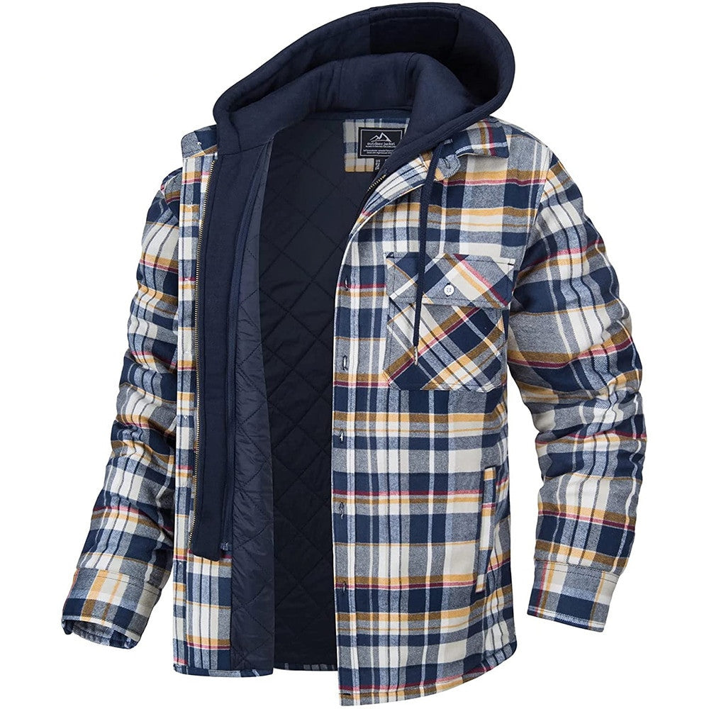 Napxon men's Plaid Hooded Coat Winter Warm Button Zip-up Jacket Fashion Casual